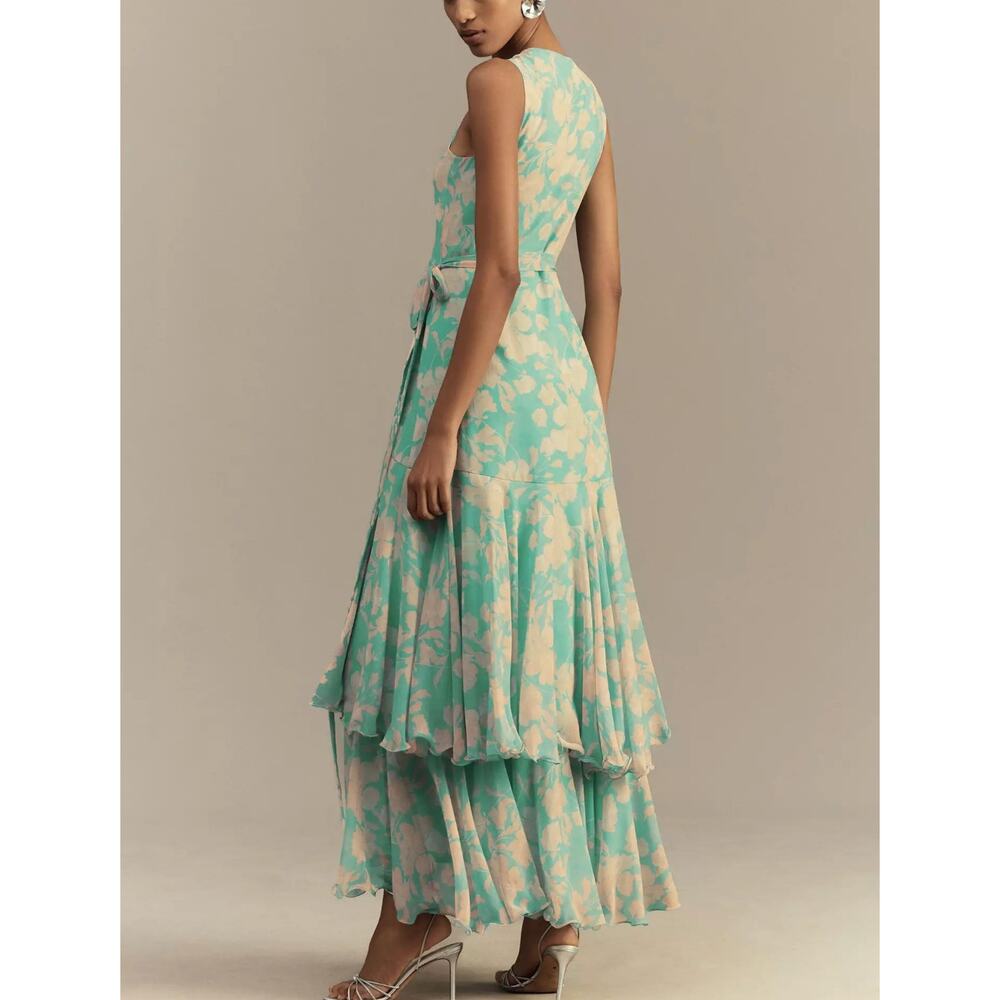 Hutch Trinity Ruffled Chiffon Wrap Maxi Dress Teal Floral Size Large NWT Wedding - Picture 9 of 14